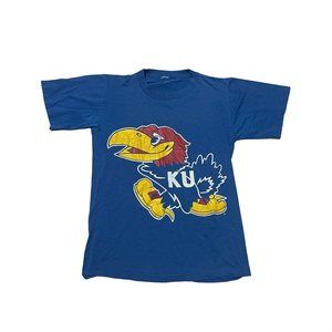 Men's Vintage 80s Kansas KU Jayhawks Blue Big Logo Single Stitch T-Shirt 23x17